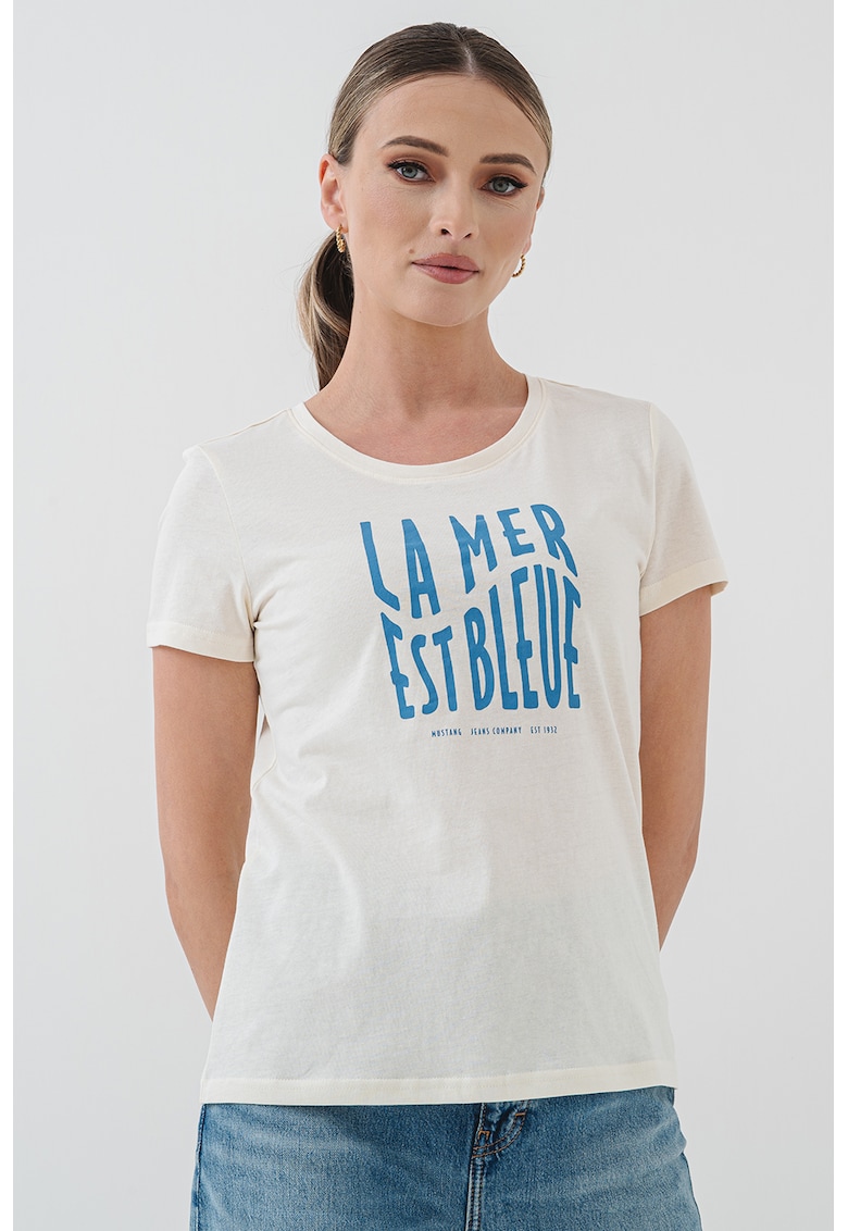 Tricou cu imprimeu text si decolteu rotund - Alb murdar/Albastru