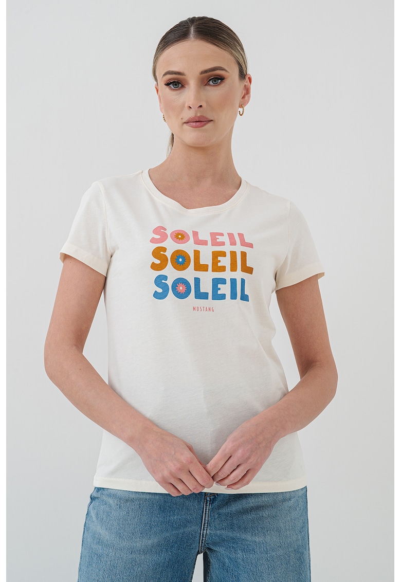 Tricou cu decolteu la baza gatului si imprimeu text Alma