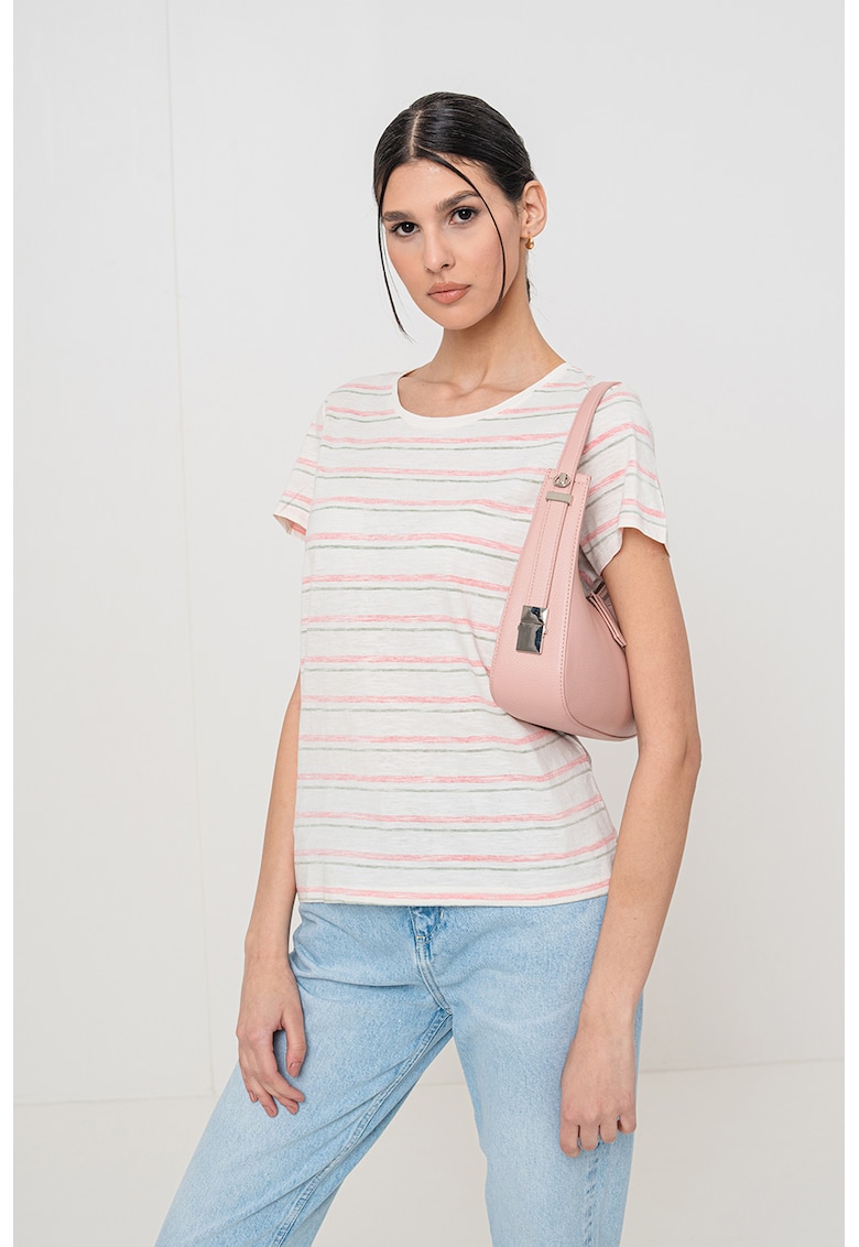 Tricou cu decolteu rotund si model in dungi - Alb/Verde/Roz