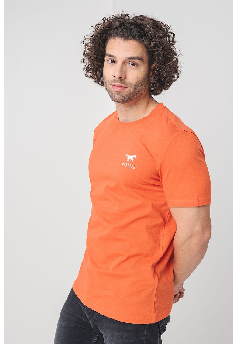 Mustang Tricou de bumbac cu decolteu la baza gatului - Alb/Portocaliu stins