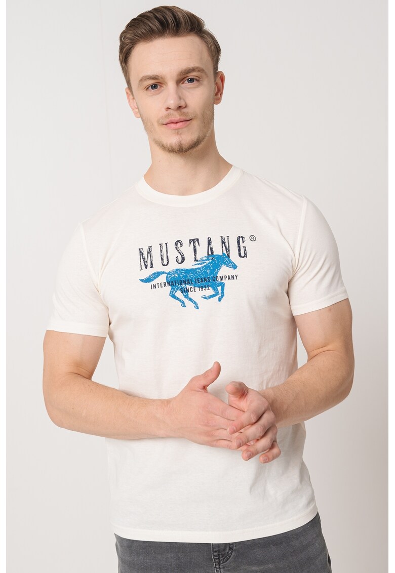 Tricou de bumbac cu imprimeu logo - Alb murdar/Albastru