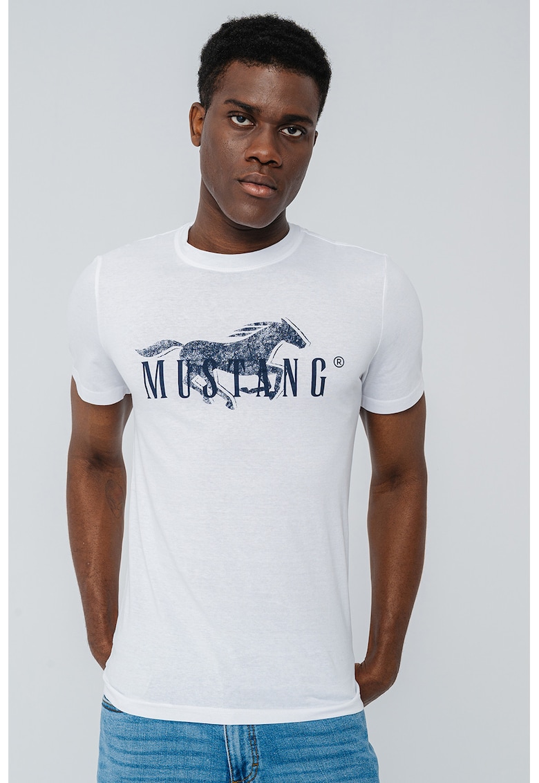 Tricou cu decolteu la baza gatului si imprimeu logo - Alb/Bleumarin