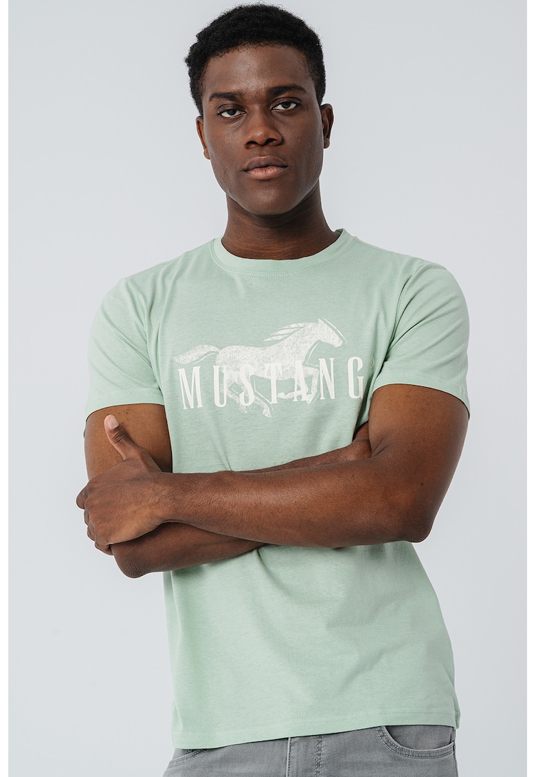 Tricou cu decolteu la baza gatului si imprimeu logo - Alb/Verde menta