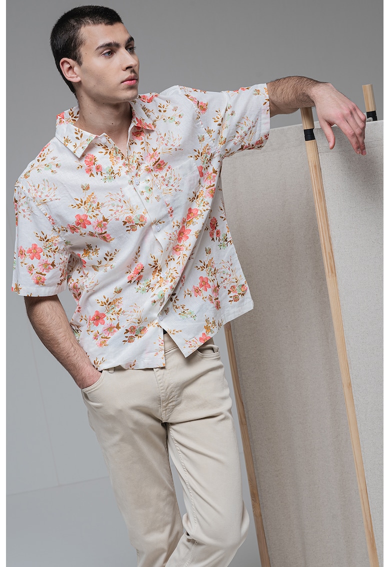 Camasa din amestec de in cu maneci scurte - Rosu/Alb murdar