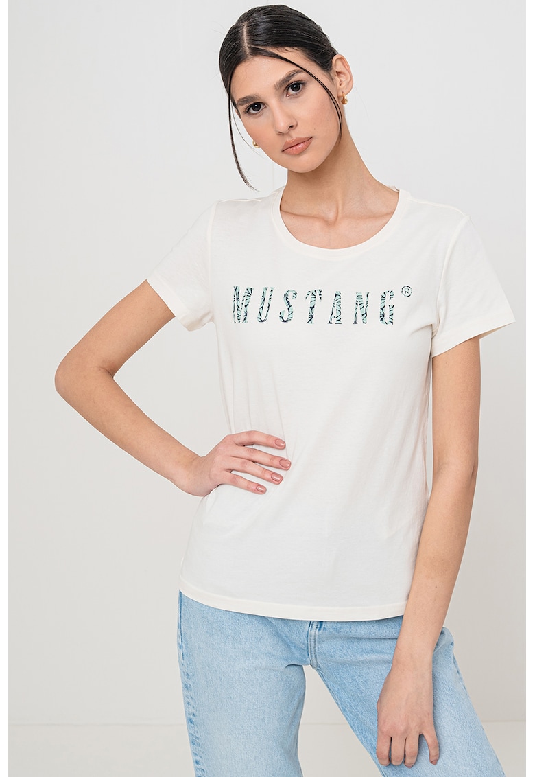 Tricou cu decolteu rotund - Alb fildes/Gri cenusiu