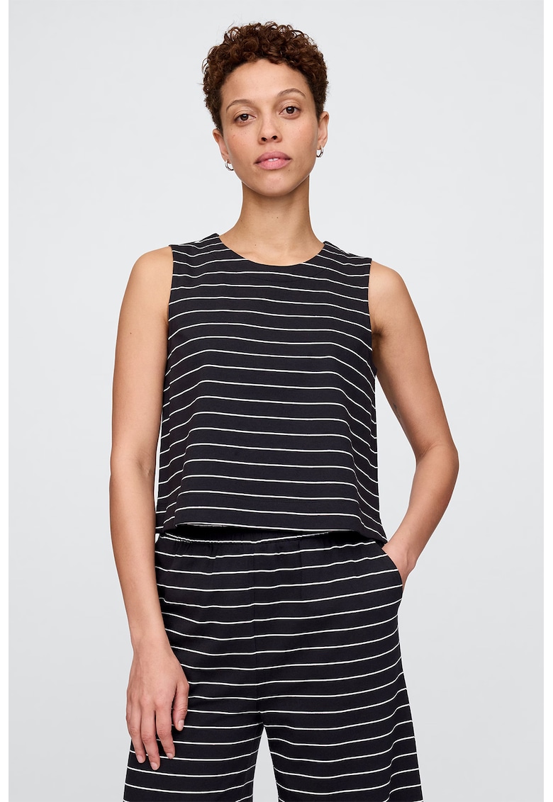 Top din bumbac organic cu model in dungi si decolteu la baza gatului