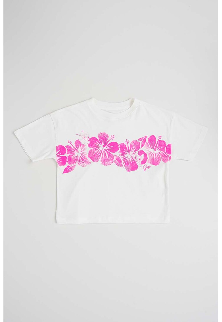 Tricou cu imprimeu Hibiscus - Alb/Fucsia