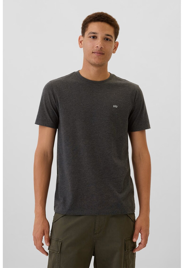 Tricou din amestec de bumbac cu decolteu la baza gatului - Gri inchis melange