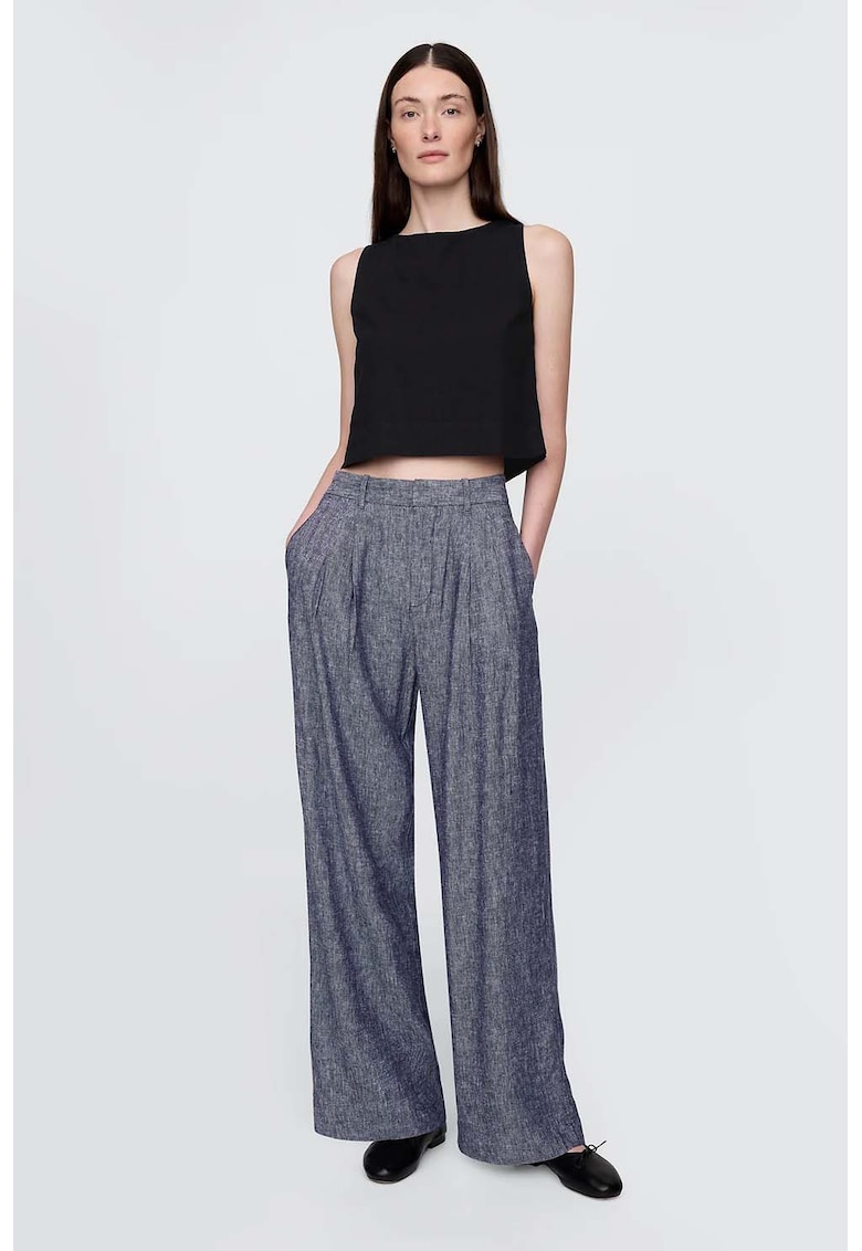 Pantaloni din amestec de in cu croiala ampla - Albastru melange