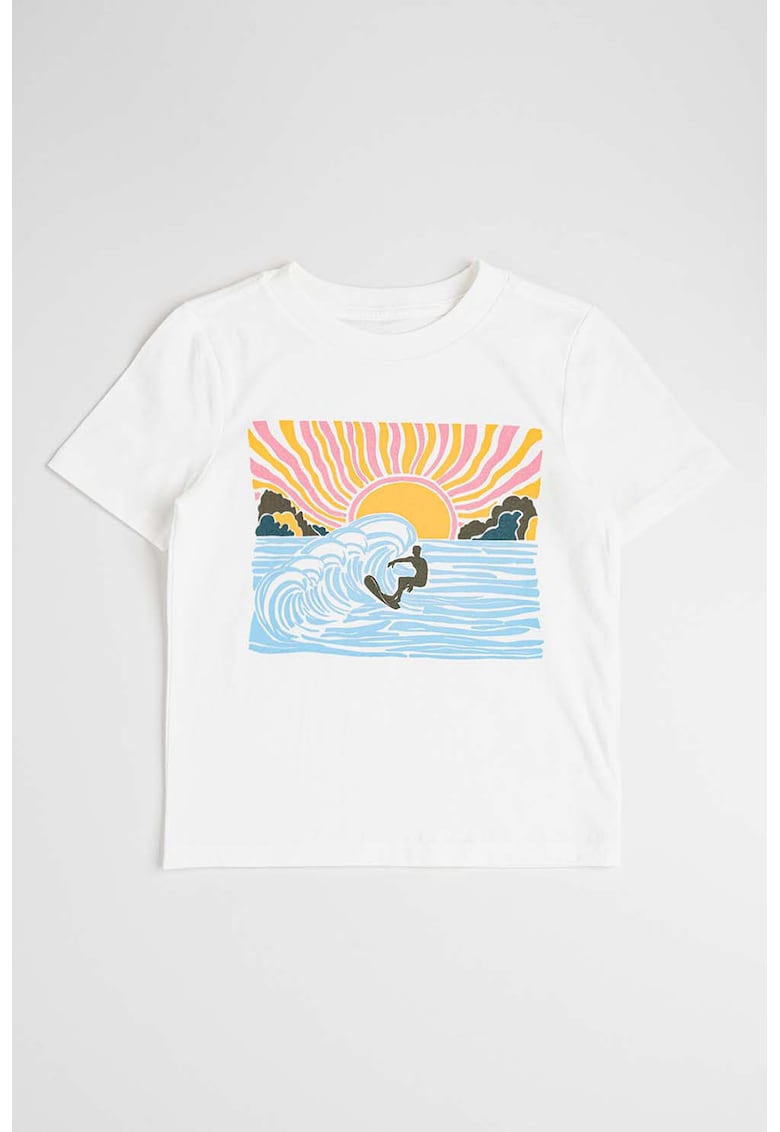 Tricou cu imprimeu si decolteu la baza gatului - Alb/Albastru