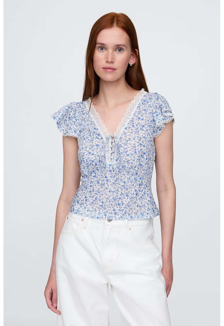 Bluza cu model floral si insertii de dantela