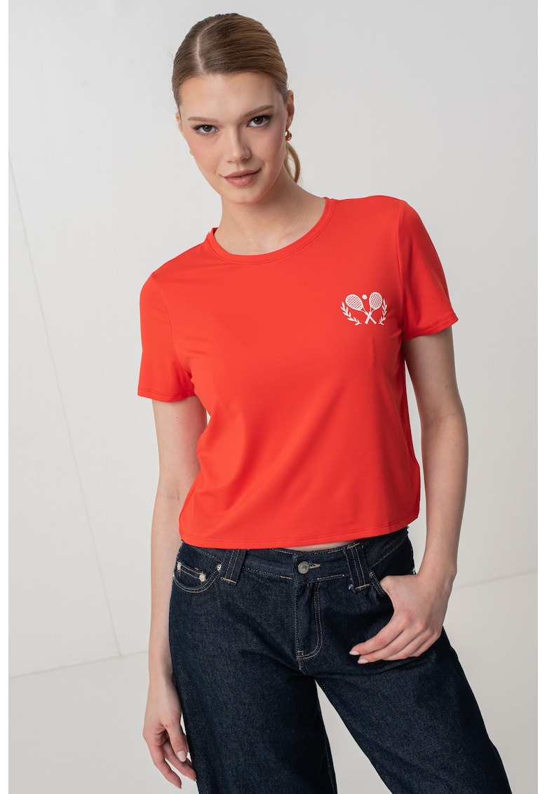 Tricou crop cu imprimeu grafic pe piept