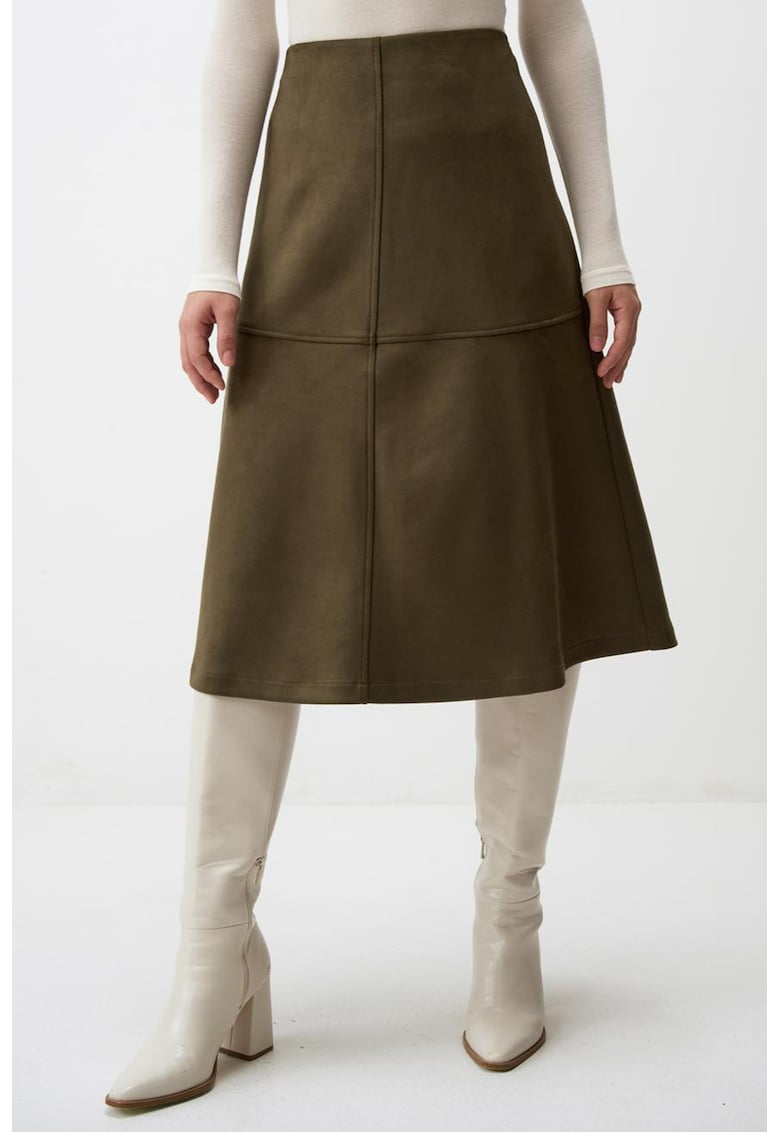 Fusta midi evazata din amestec de lycra - Kaki