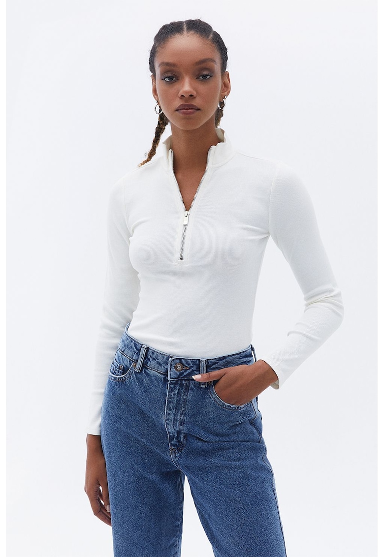 Bluza striata din bumbac cu fenta cu fermoar