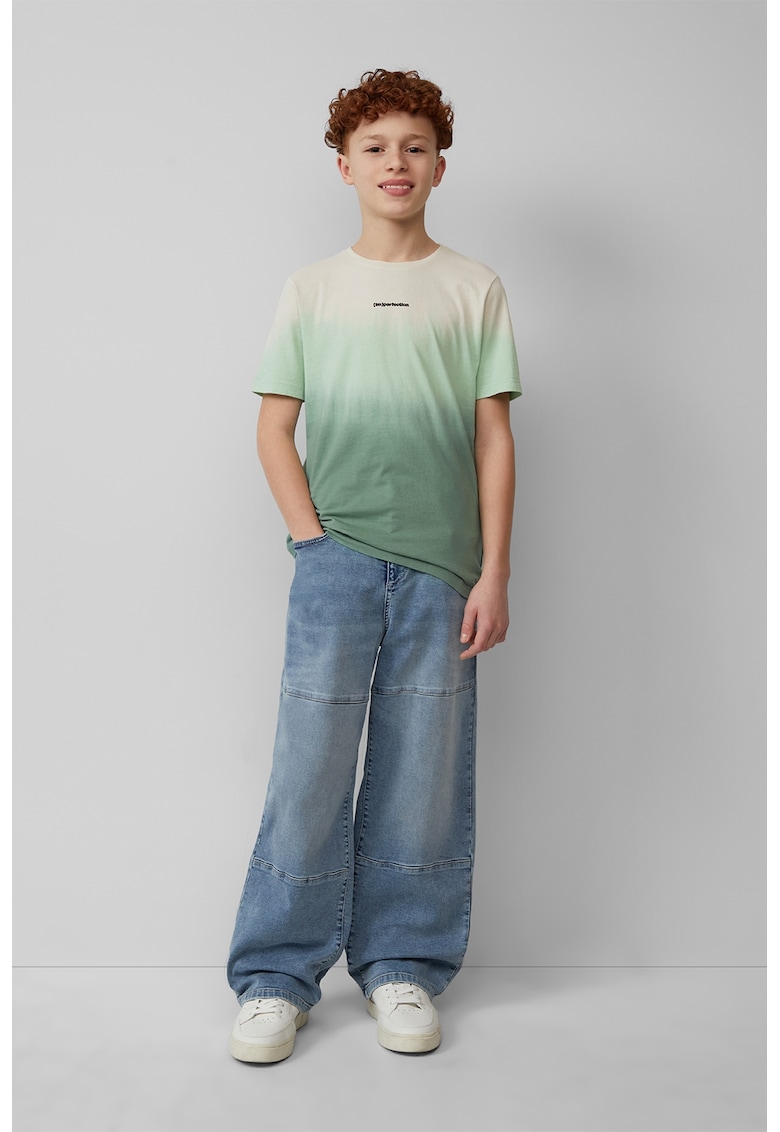 Tricou de bumbac cu decolteu la baza gatului - Verde pal/Alb murdar