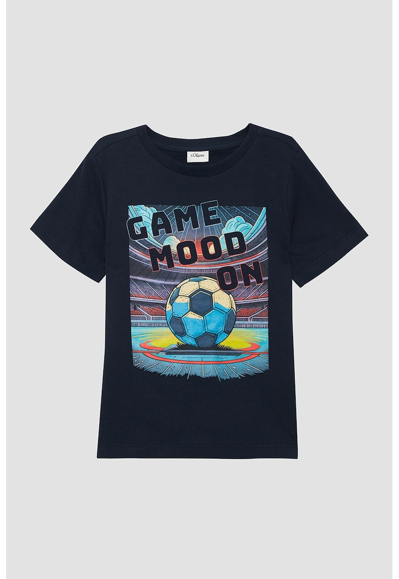 Tricou cu decolteu la baza gatului si model grafic - Bleumarin