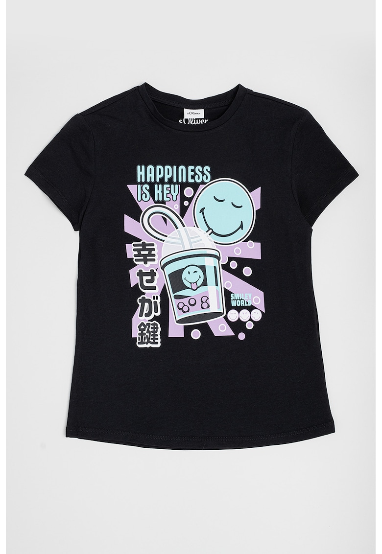 Tricou cu decolteu la baza gatului si imprimeu grafic - Negru/Violet/Turcoaz