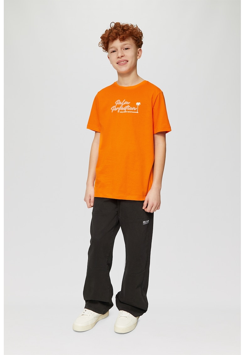 Tricou cu decolteu la baza gatului si imprimeu text - Portocaliu
