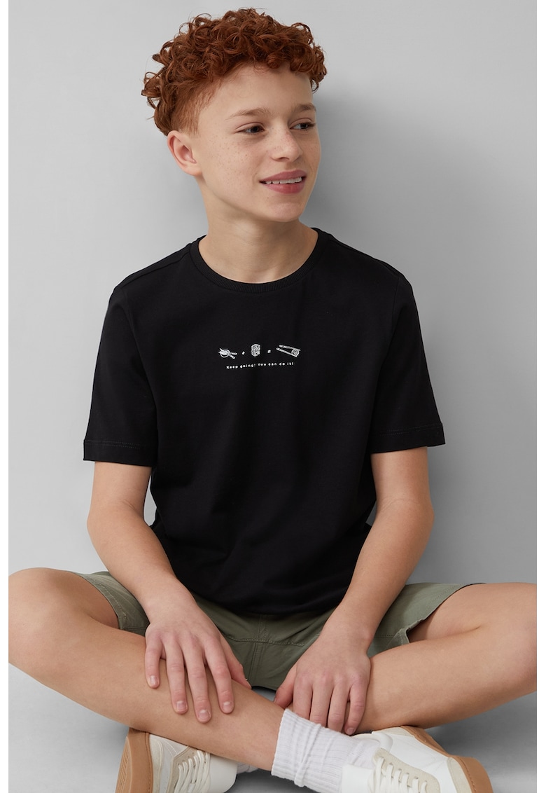 Tricou cu decolteu la baza gatului si imprimeu discret - Negru/Alb optic