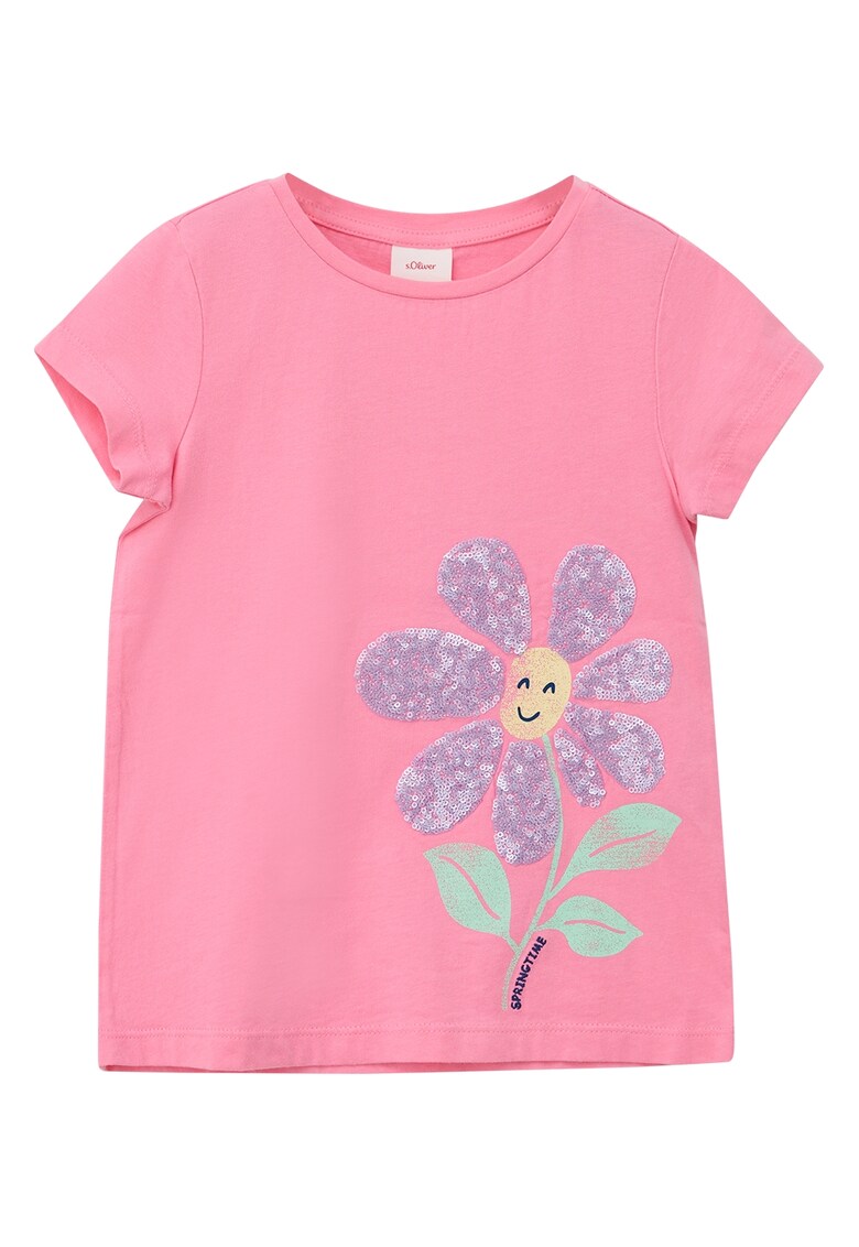 Tricou cu decolteu la baza gatului si imprimeu floral - Roz