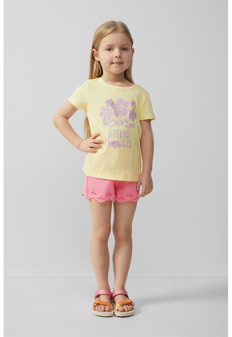 Tricou cu decolteu la baza gatului si imprimeu - Galben deschis