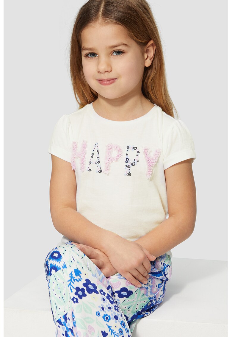 Tricou cu decolteu la baza gatului si imprimeu - Alb/Roz/Albastru