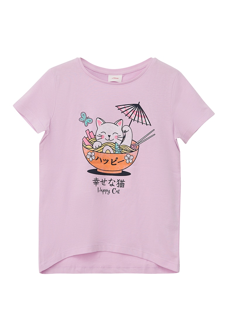 Tricou cu imprimeu si decolteu la baza gatului - Negru/Portocaliu/Roz