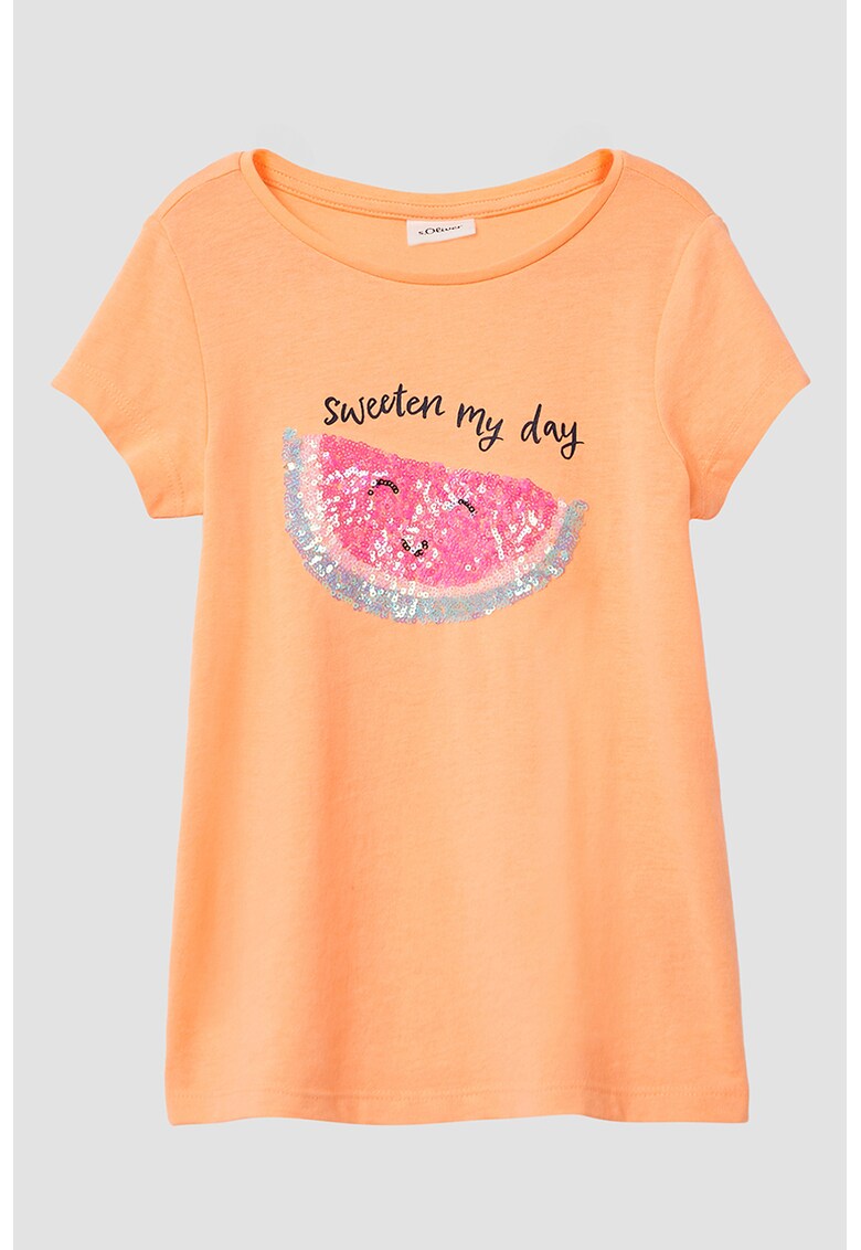 Tricou de bumbac cu paiete - Portocaliu/Roz