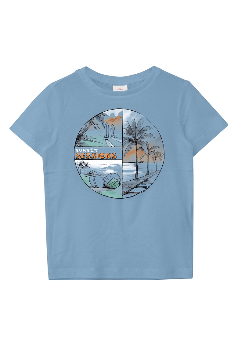 Tricou cu decolteu rotund si imprimeu tropical