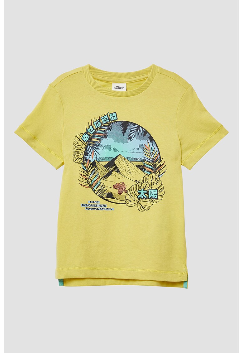 Tricou cu decolteu la baza gatului si imprimeu - Albastru/Galben mustar