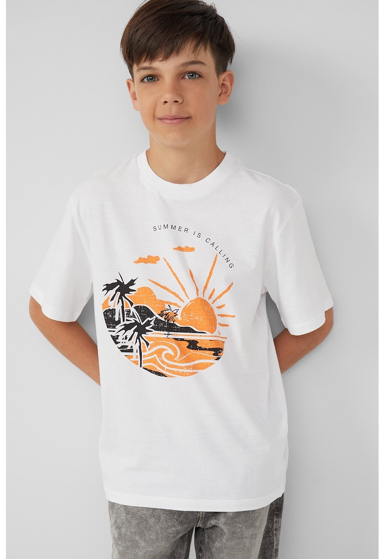 Tricou cu imprimeu grafic si decolteu la baza gatului - Negru stins/Portocaliu pal/Alb optic