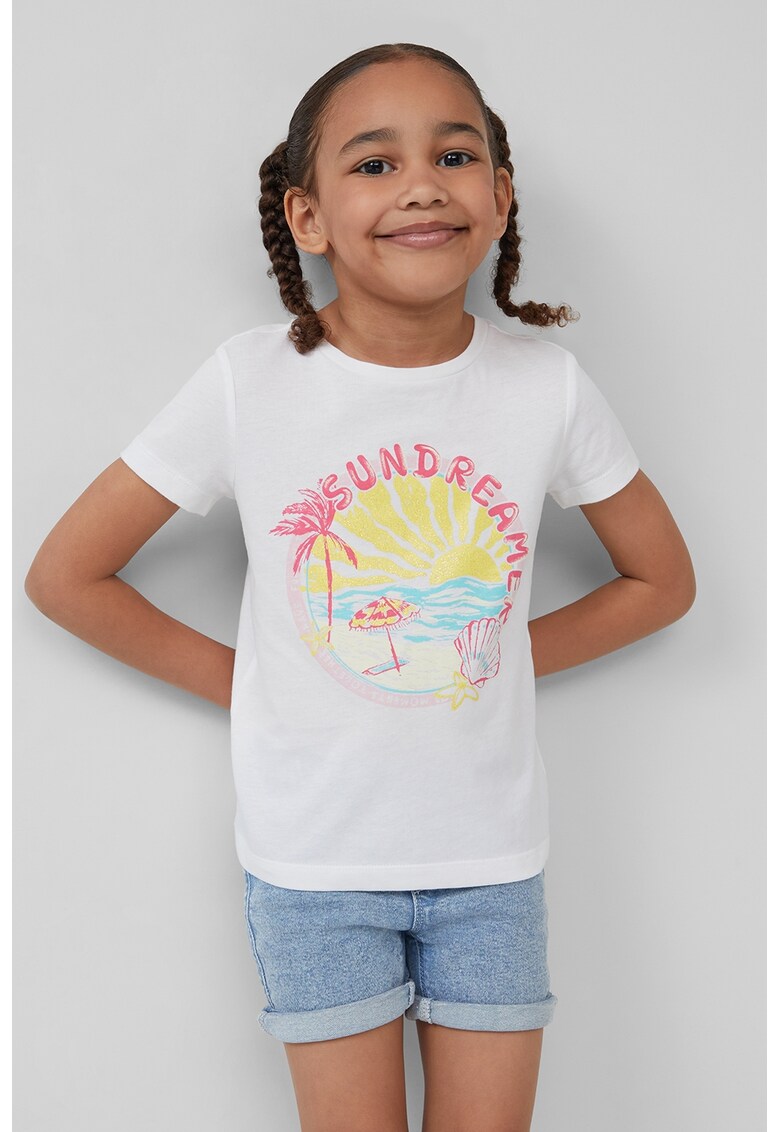 Tricou cu decolteu la baza gatului - model grafic si imprimeu text - Roz pastel/Galben pal/Alb optic