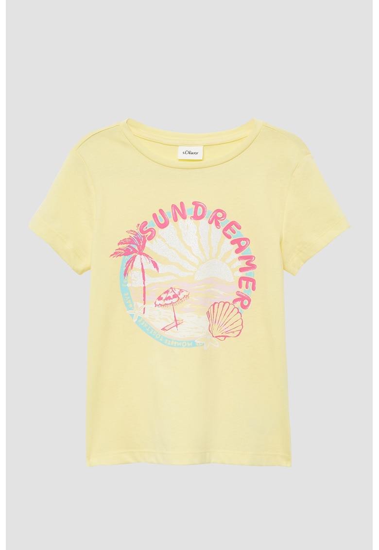 Tricou cu decolteu la baza gatului - model grafic si imprimeu text - Galben pal/Roz prafuit