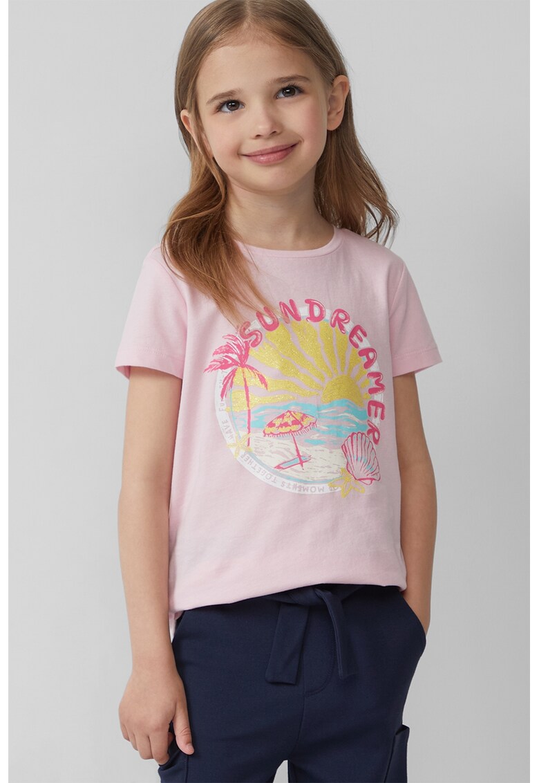 Tricou cu decolteu la baza gatului - model grafic si imprimeu text - Roz pastel/Galben pal/Albastru glaciar