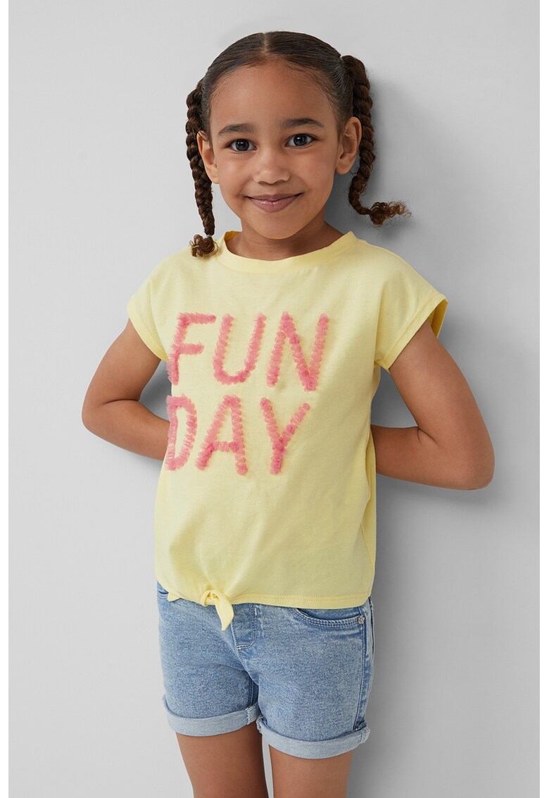 Tricou din bumbac cu detalii texturate - Galben pal/Roz prafuit