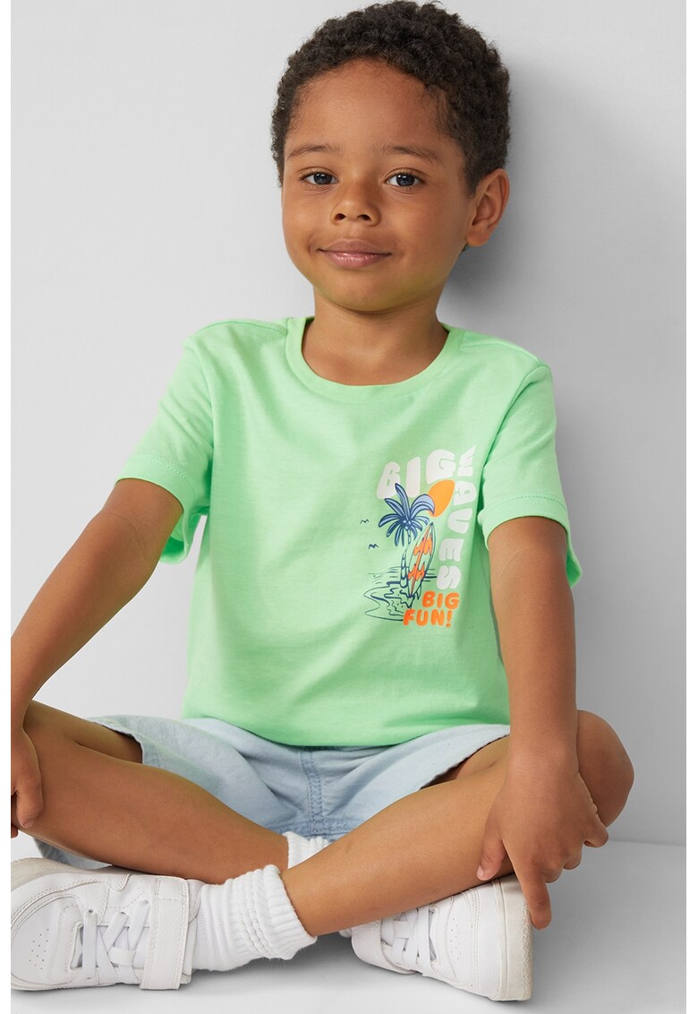 Tricou cu decolteu la baza gatului si imprimeu - Portocaliu mandarina/Verde pal/Alb murdar