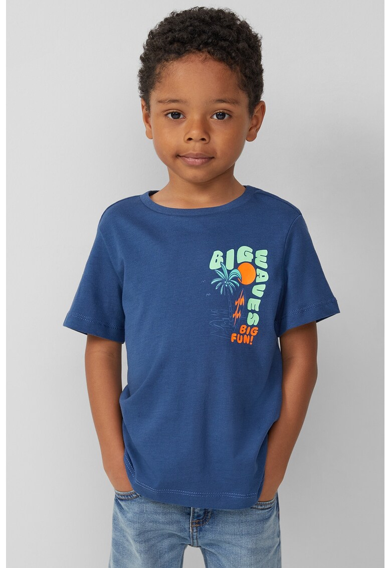 Tricou cu decolteu la baza gatului si imprimeu - Albastru inchis/Portocaliu mandarina/Verde pal