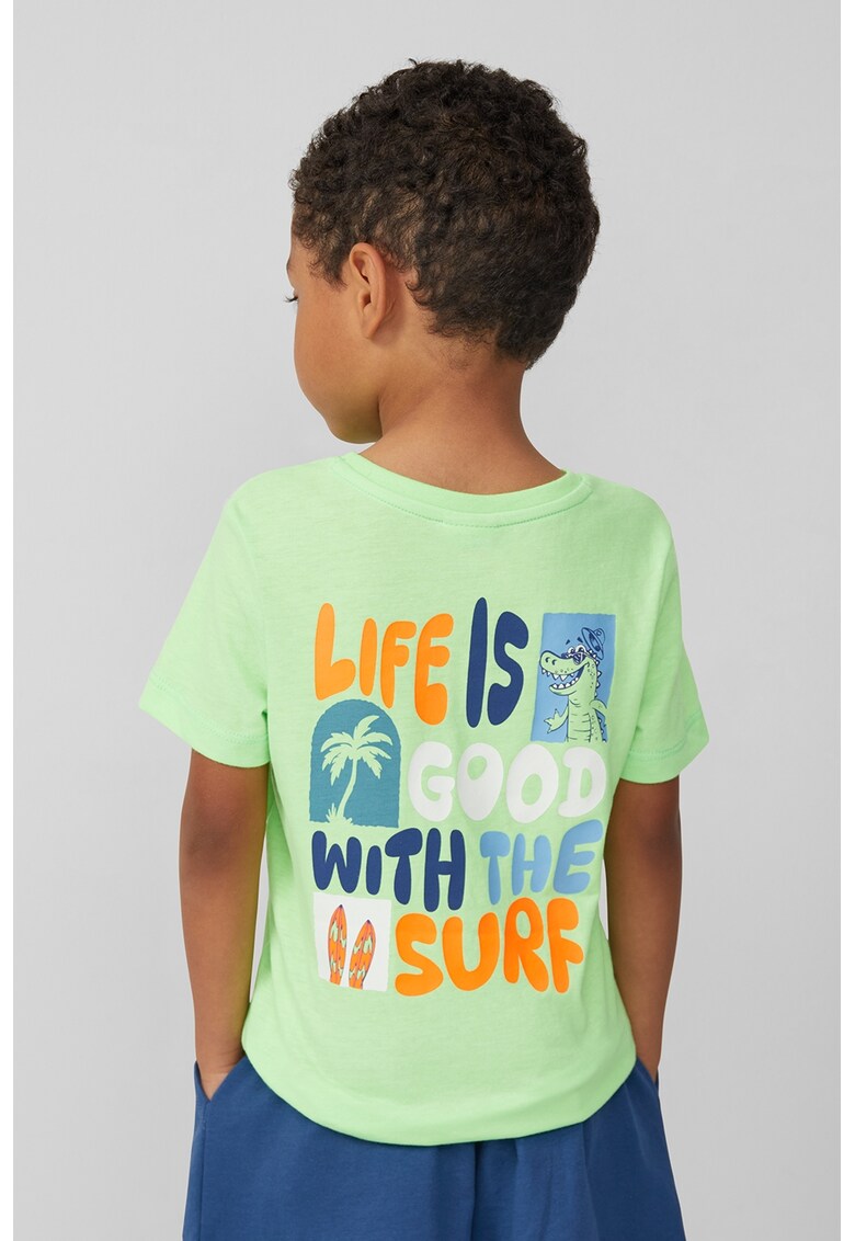 Tricou cu decolteu la baza gatului si imprimeu pe partea din spate - Albastru pastel/Portocaliu stins/Verde pal