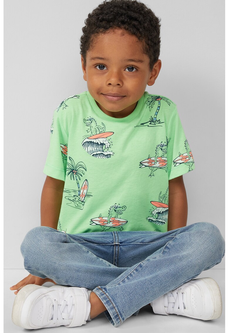 Tricou cu decolteu la baza gatului si imprimeu - Portocaliu/Albastru inchis/Verde pal