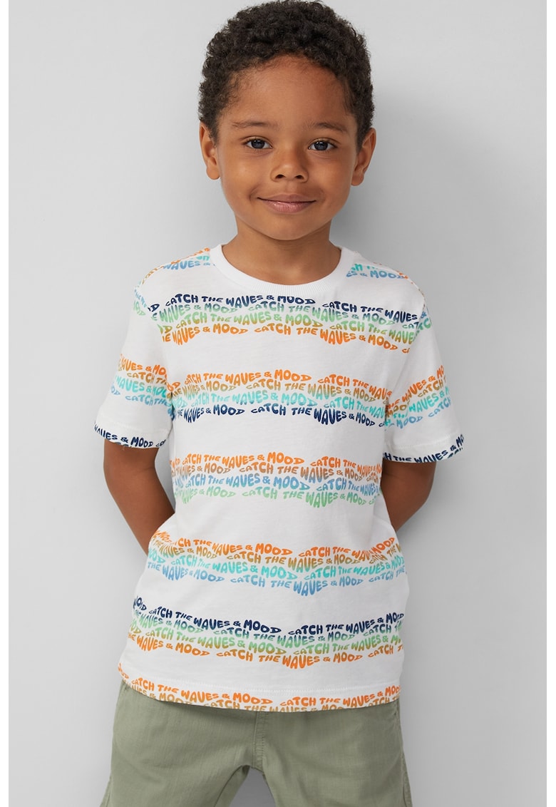 Tricou cu decolteu la baza gatului si imprimeu - Portocaliu/Albastru inchis/Alb optic