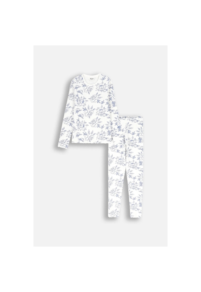 Pijama cu maneca lunga si model floral - cu snur pentru ajustarea taliei