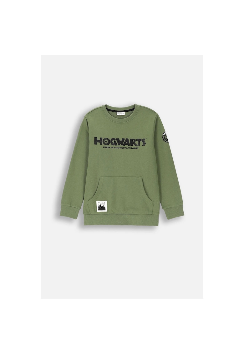 Bluza sport cu imprimeu text si buzunar kangaroo - Verde