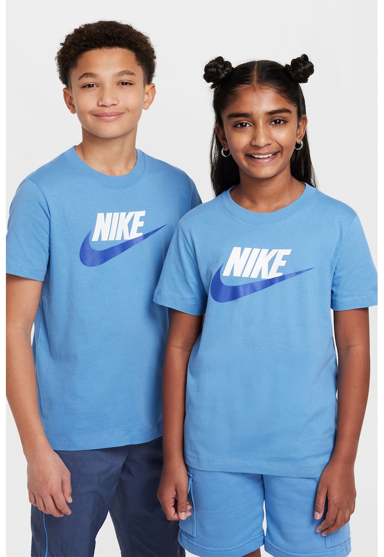 Tricou cu decolteu la baza gatului si imprimeu logo Futura - Albastru