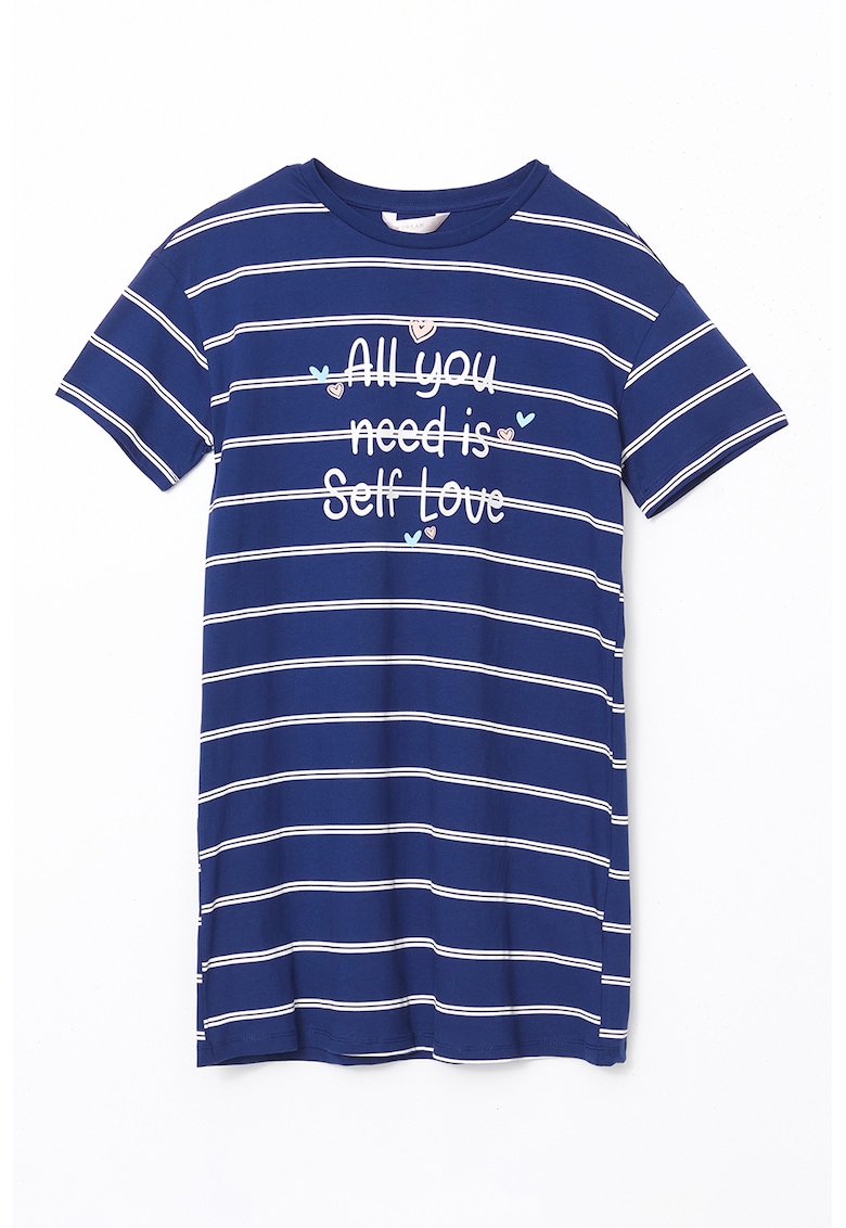 Rochie-tricou cu model in dungi - Alb/Bleumarin