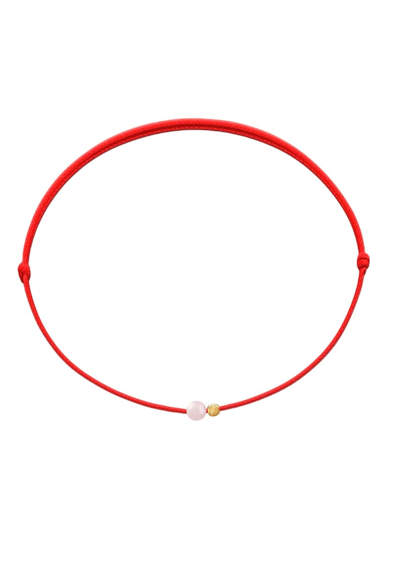 Bratara Martisor cu biluta din Aur 14K si piatra semipretioasa Cuart Roz - snur rosu reglabil
