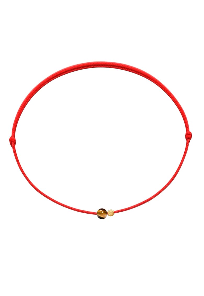 Bratara Martisor cu biluta din Aur 14K si piatra semipretioasa Ochi de Tigru - snur rosu reglabil