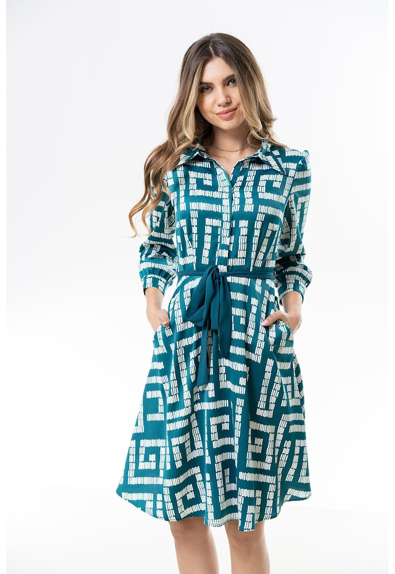 Rochie evazata cu model si cordon in talie Esmeralda