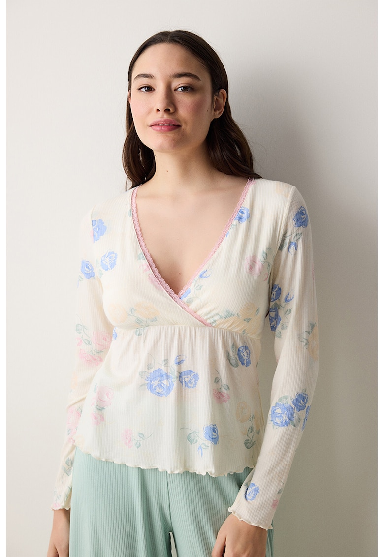 Bluza de pijama cu model floral si cupe cu burete detasabil