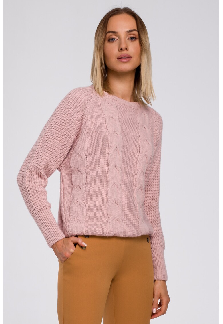 Pulover cu maneci largi si impletitura tip coada de cal -