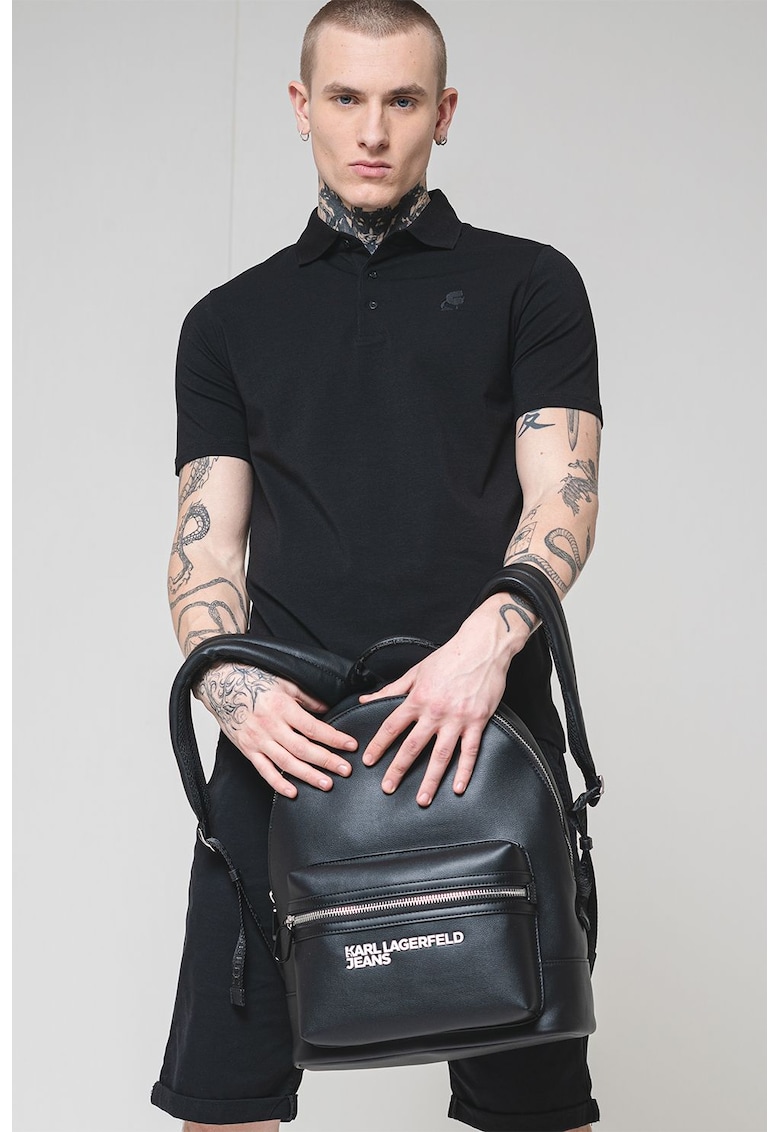 Tricou din amestec de bumbac cu fenta cu nasturi - Negru